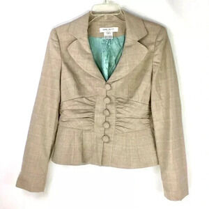 Nine West Women Plaid Blazer Gathered Peplum Jacket Tan Turquoise Size 14